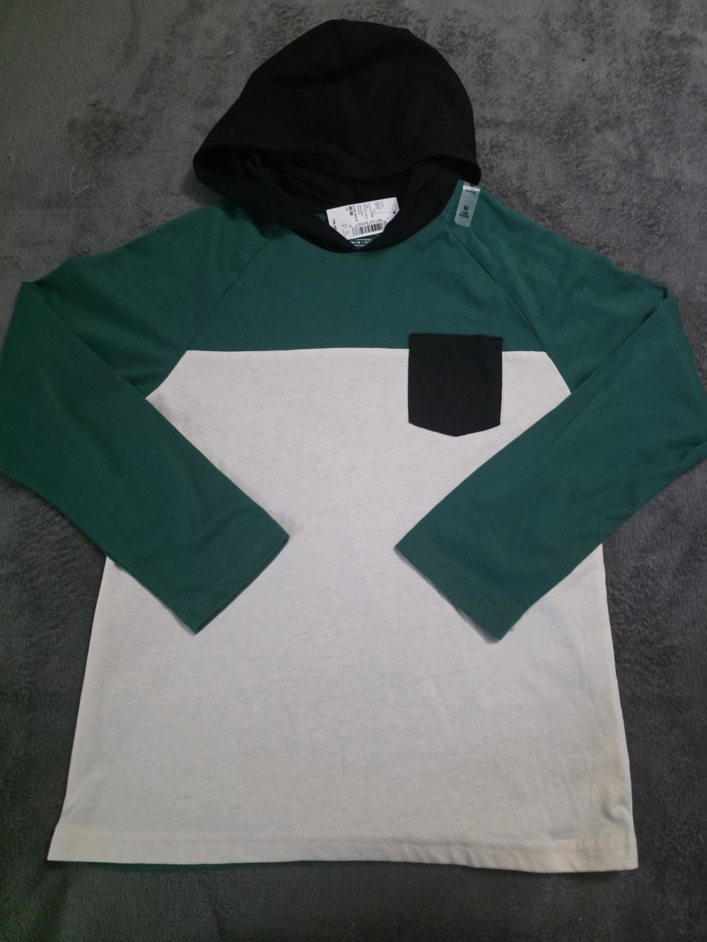The Children's Place Green & Cream Hooded Colorblock Crewneck with Black Pocket